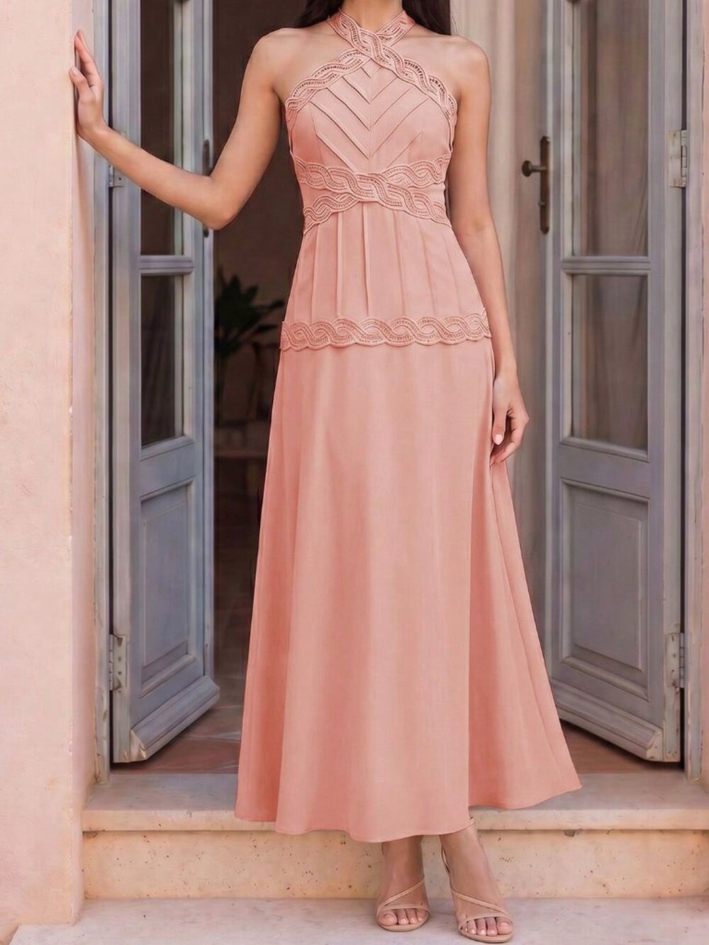 Dusty Pink Elegant Women's Halter Neck Lace Trim Patchwork Long Dress - Picture 4 of 7